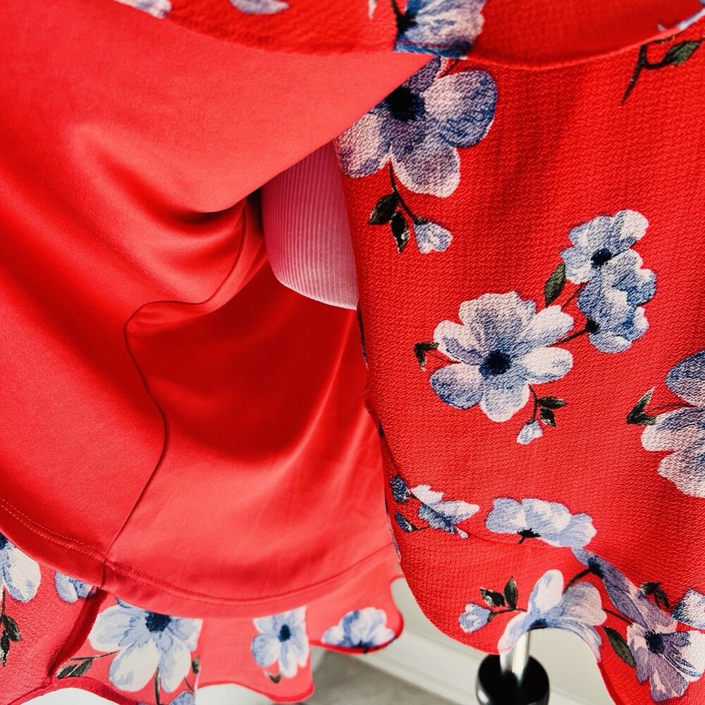Love & Piece Collective Coral Orange & Blue Floral True Wrap Dress Lined Medium - Picture 5 of 10